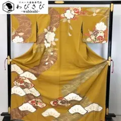 落款入 未使用 しつけ付き 付け下げ 金茶色 手描き樹木文様 袷 身丈 