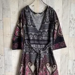 PALME ロングニットワンピース　薄手　総柄　カシュクール