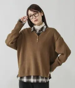 GLOBAL WORK / 毛玉になりにくいキーネック / ブラウン