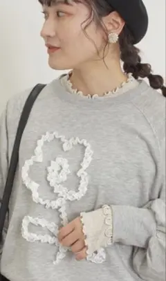 グレー 花柄刺繍 トレーナー Fサイズ