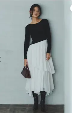 anuans ボートネックイレギュラーヘムドッキングニットワンピースS