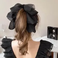 ヘアクリップ 黒 バナナクリップ ビッグリボン ヘアピンヘアアクセサリーシフォン