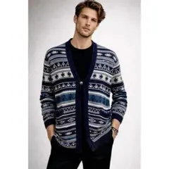 【ラスト1点】ネイティブ柄 カーディガン M-L ネイビー ブルー ニット