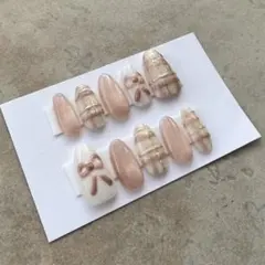 【現品】【サイズ変更可】ネイルチップ　ハンドメイド　リボンチェック
