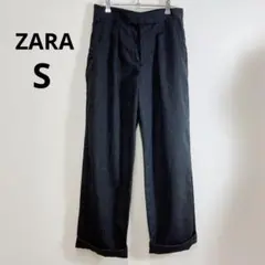 ZARA タックワイドパンツ ウール ハイウエスト チャコールグレー S