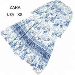 ZARA ザラ 花柄ロングワンピース タッセル 体型カバー USA XS