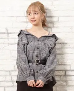オフショルダー チェック柄 シャツ グレーMサイズ