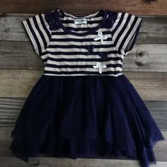 バースディ　ボーダー　リボン　チュール　ワンピース ネイビー　80㎝