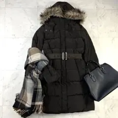 極美品♪ユニクロ ダウンコートファー付き　ベルトAライン　ブラウン　M 洗える