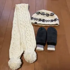 キッズ　帽子 マフラー ミトンセット　白　毛糸