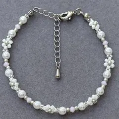 ブレスレット ハンドメイド 花 フラワー ビーズ パールビーズ 白 ピンク 銀