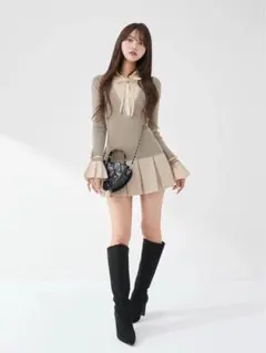 シャツドッキングプリーツミニワンピース グレー Darich