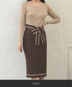 パイピングウエストリボン長袖ニットワンピース