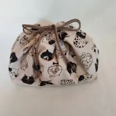 お弁当用巾着袋　生成り猫　巾長タイプ