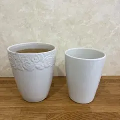 陶器　ホワイト 花模様とシンプル 植木鉢 2個セット