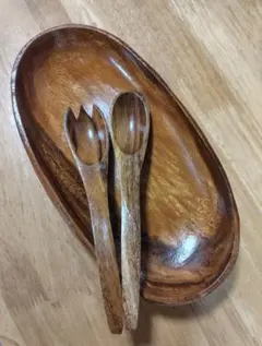 木製食器 サラダボウル 皿 スプーン フォーク セット