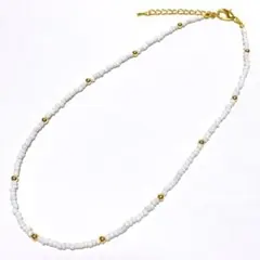 J064 ビーズ ネックレス【ホワイト×ゴールド】常田大希 ビーズアクセサリーのサムネイル