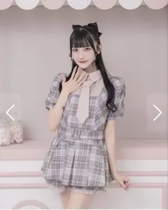 pium 半袖ビジューカーデ×チェックワンピセット ピンク×ブラック