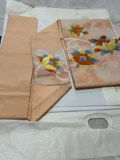 ①名古屋帯 花柄刺繍 オレンジ系