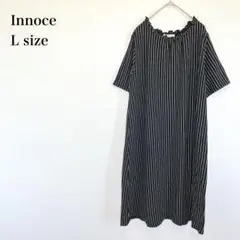 Innoce ストライプ柄半袖ワンピース　L 綿混　フリルネック　カジュアル　秋