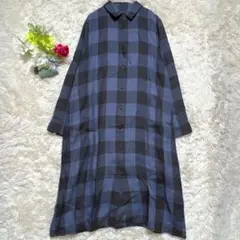 【ジャンニロジュディチェ】麻100% チェック シャツワンピース ブルー(36)