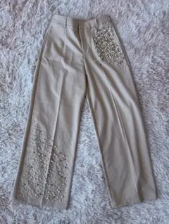 パール装飾 ワイドレッグスラックス