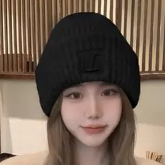 ニット帽 ニットキャップ ビーニー 防寒 シンプル リブ編み刺繍ロゴ　ブラック黒
