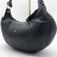 C306 良品 キタムラ2 ワンショルダーバッグ 黒-濃紺 編みハンドル 半月型