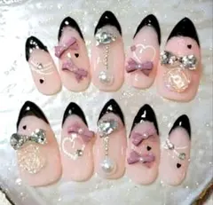 現品♡ブラックピンクフレンチガーリー×リボンハート量産型スナ系韓国ワンホン