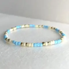 ガラスビーズブレスレット　ターコイズブルー　エクリュ　カットゴールド