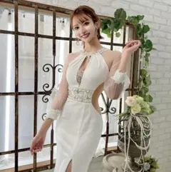 フラワーデザインパール＆ビジュースリーブタイトロングドレス　エンジェルアール