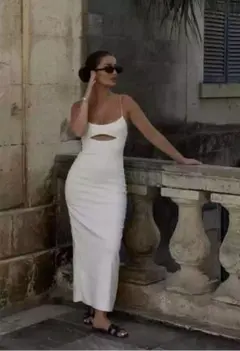 ZARA ロングワンピース 背中開きリネン混 ホワイト S