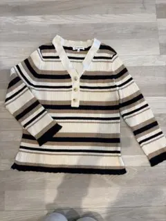 GLOBAL WORK アラエルリブヘンリーニットPO ボーダー ベージュ M