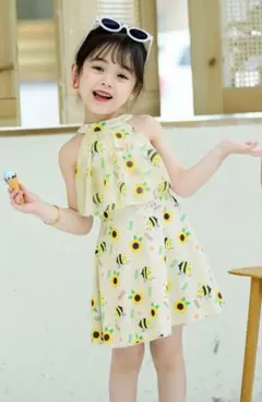 キッズ水着　110㎝　女の子　イエロー　セパレート水着　ハチ柄　ひまわり柄
