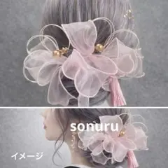 83✴︎成人式髪飾り　水引　ピンクリボン　金箔　振袖和装洋装白無垢　シェルパール