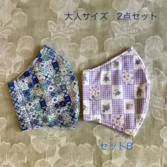 ハンドメイド　布マスク　マスクカバー　大人サイズ　2点セット　B 花柄チェックのサムネイル