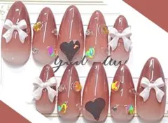 【最終値下げ】ネイルチップ 韓国風ネイル カラグラ リボン ハート ストーン