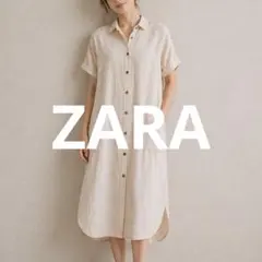 ZARA ベージュ シャツワンピース 半袖【X S大きめ】リネン混コットン