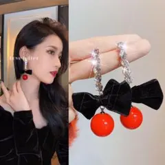 No.543 ベルベットリボンレッドパールピアス 韓国 量産型 地雷
