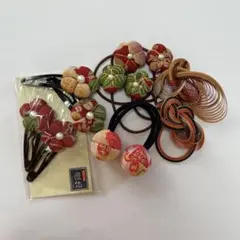 和装髪飾り・アクセサリーセット　(ちりめんヘアゴム・ヘアピン・和風ブローチ)