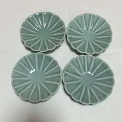 【4枚セット】青緑色 花弁型皿 陶器 青磁 菊型 菊皿 和食器 取り皿