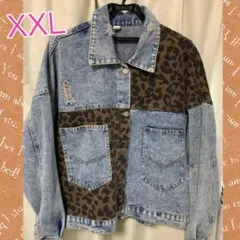 レオパード柄パッチワークデニムジャケットXXL