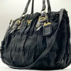 ✨美品✨プラダ ハンドバッグ 2way ギャザー メタルロゴ ナイロン レザー PRADA （美品）プラダ 2Way ショルダー ハンド バッグ ナイロン