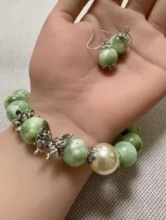 《13》値下 天然石 デザインブレス＆ピアス2点セット グリーンラリマー 大玉