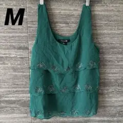 Forever21◎グリーン ティアードタンクトップ M ビーズ フリル 美品