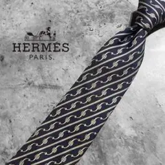 【美品】HERMES ネイビー ストライプ ネクタイ エルメス