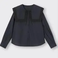 GU レーストリムビッグカラーシャツ(長袖) ブラック　XLサイズ　1度着用