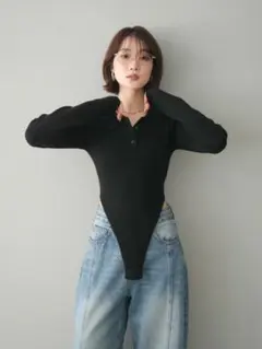 リブポロニットボディスーツ ポロニットボディスーツ トップス 黒 Lumier