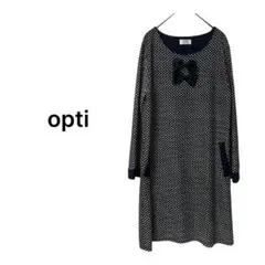 opti 長袖 ワンピース ひざ丈 胸元リボン 総柄 ネイビー系 白系 M