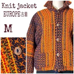 【ユーロ古着】ニットジャケット/クロップド/襟付き/オレンジ/カラフル/秋冬/M